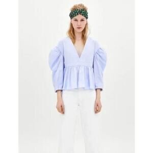 Zara TRF Blue & White Stripe Peplum Blouse – Size M Cottagecore